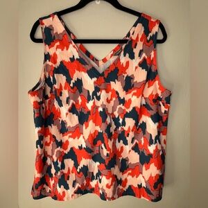 Eddie Bauer V-Neck Sleeveless Blouse Orange Blue Cream Women’s Size Large